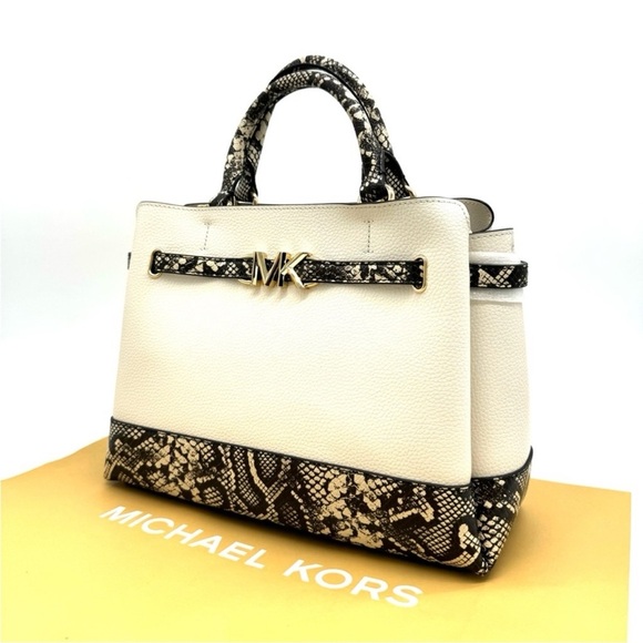 Michael Kors Reed Large Belted Satchel Crossbody Bag Light Cream Snakeskin - Picture 2 of 11
